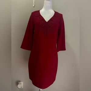 Everly Elegant Red Shift Dress with Embroidered Neckline 3/4 Sleeve size Medium